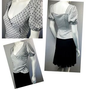 Pin Up Polka Dot Criss Cross Low Cut Ruched Rockabilly Peasant Puff Sleeve Top